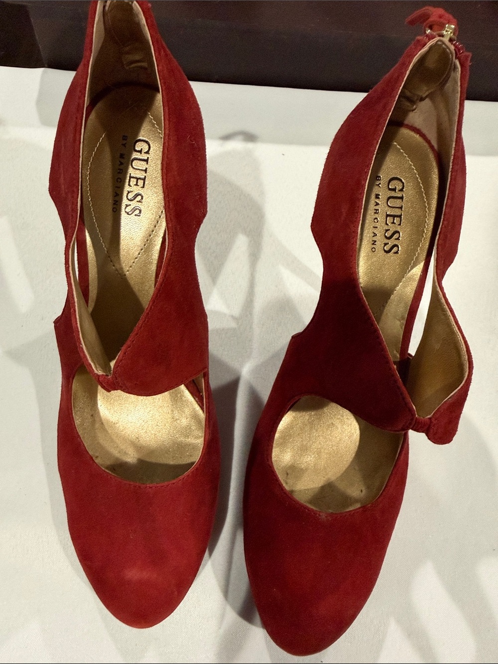 GUESS Red Suede Scalloped Cutout Heels